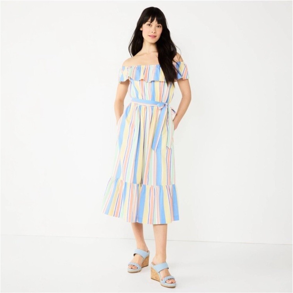 Women's‎ Dress Midi stripes Pastel sundress Costal Preppy Coquette 100 Cotton